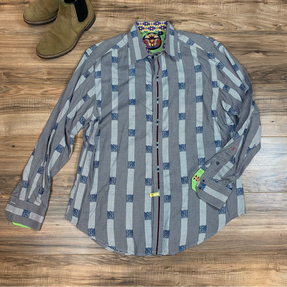 Robert Graham Classic Herringbone Strip Button Up‎ Long Sleeve Shirt Men's L